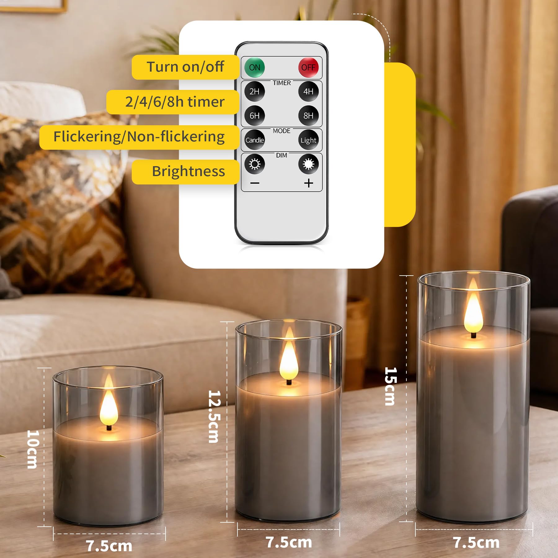 Bougies LED Rechargeable,Lot De 3 Verre Gris Bougies LED Sans Flamme avec télécommande et minuterie(10/12.5/15cm),Bougies Décoratives pour Fête, Anniversaire,Mariage