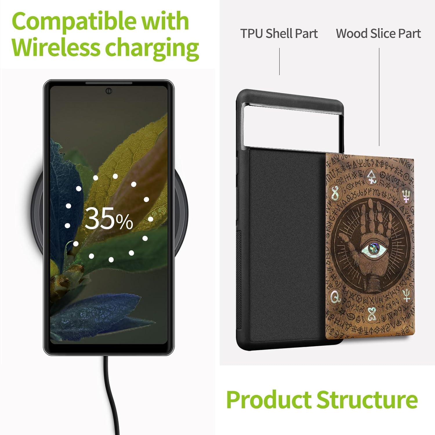 Carveit Designer Wooden Case for Google Pixel 6 Case Protective Cover [Wood Engraving & Shell Inlay] Compatible with Wireless Chargers Pixel 6 (All-Seeing Hand-Walnut)