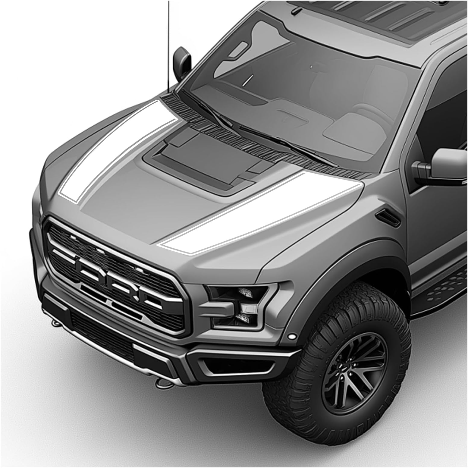 Hood Blackout Racing Stripes Vinyl Decal Sticker Kit- Compatible with Ford F150 Raptor 2014-2020 (Style 2, White)