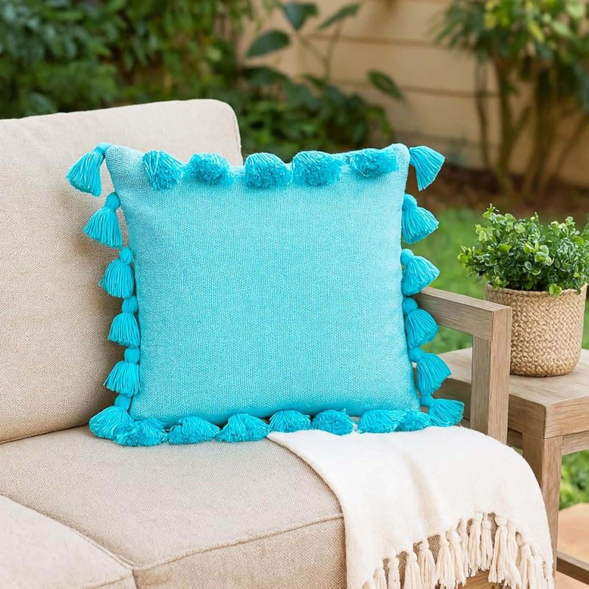 Ice Blue Tassel Cushion Cover Set of 1, Handmade