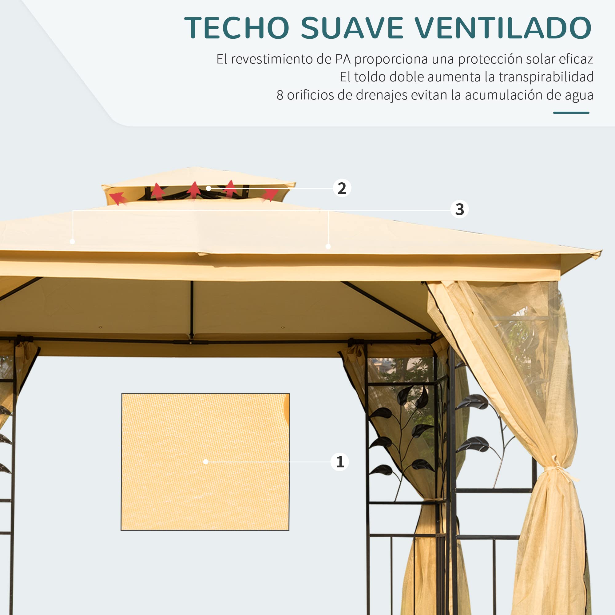 Outsunny Cenador de Jardín 3x3x2,72 m Gazebo Carpas para Exterior Grandes con Doble Techo Mosquiteras y Marco de Acero para Patio Fiesta Beige