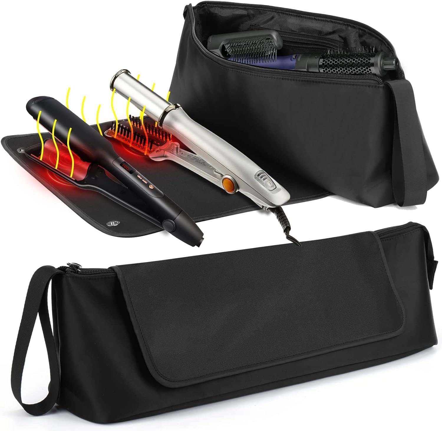 Angju 2 in 1 Large Hair Tools Travel Bag, Heat Resistant Hair Travel Bag for Curling Iron, Flat Irons, Straighteners, Hanging Travel Hair Tools Bag with Heat Resistant Mat, Hangable Handles, black,