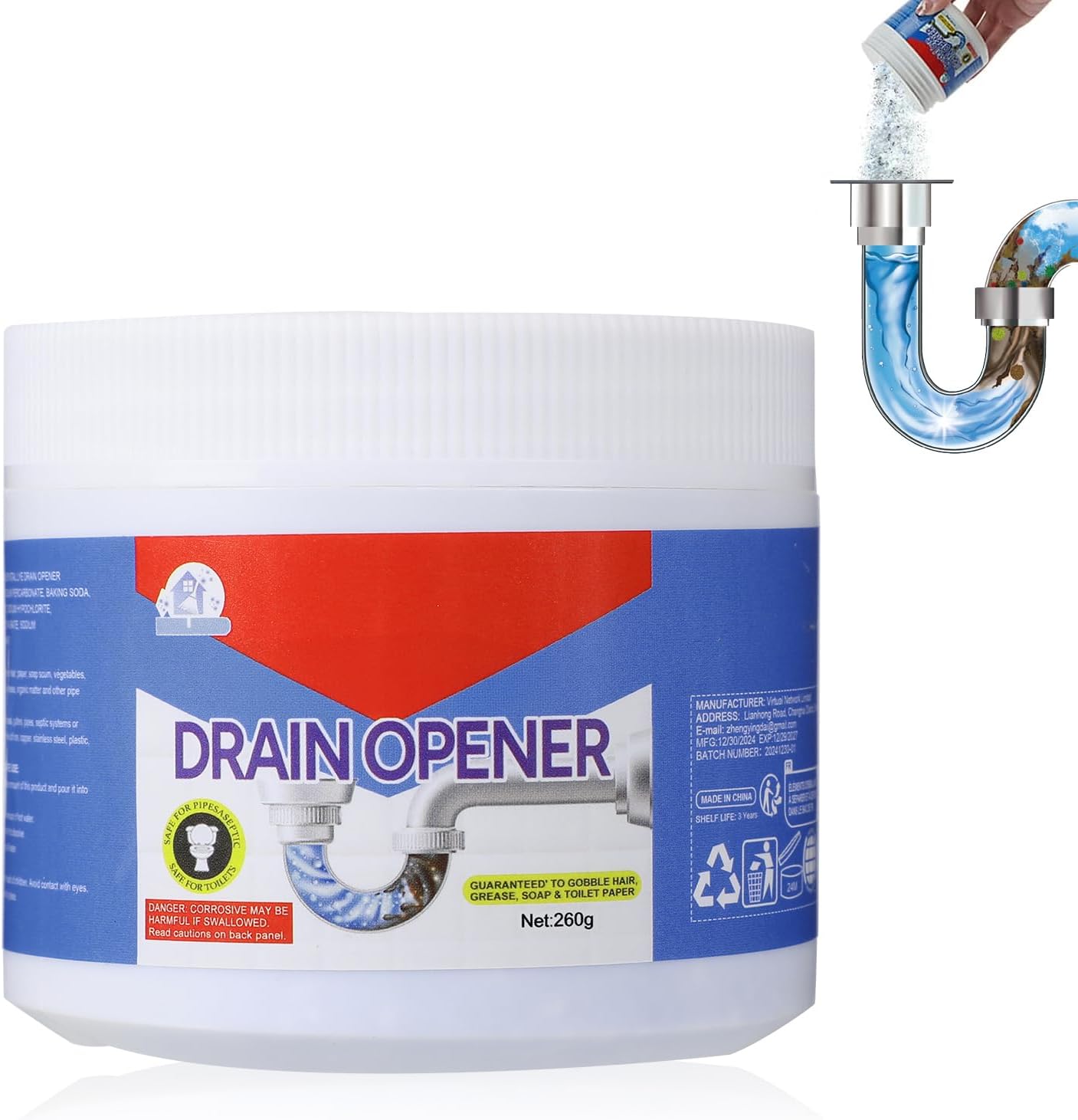 BELL BIRDCrystal Lye Drain Opener, Drain Opener,Pipeline Dredging Agent, Crystal Lye Drains Cleaner, Drains Clog Remover Agent, Unclogs Bathroom and Kitchen Sinks,Shower Pipes (260g/1Pcs)