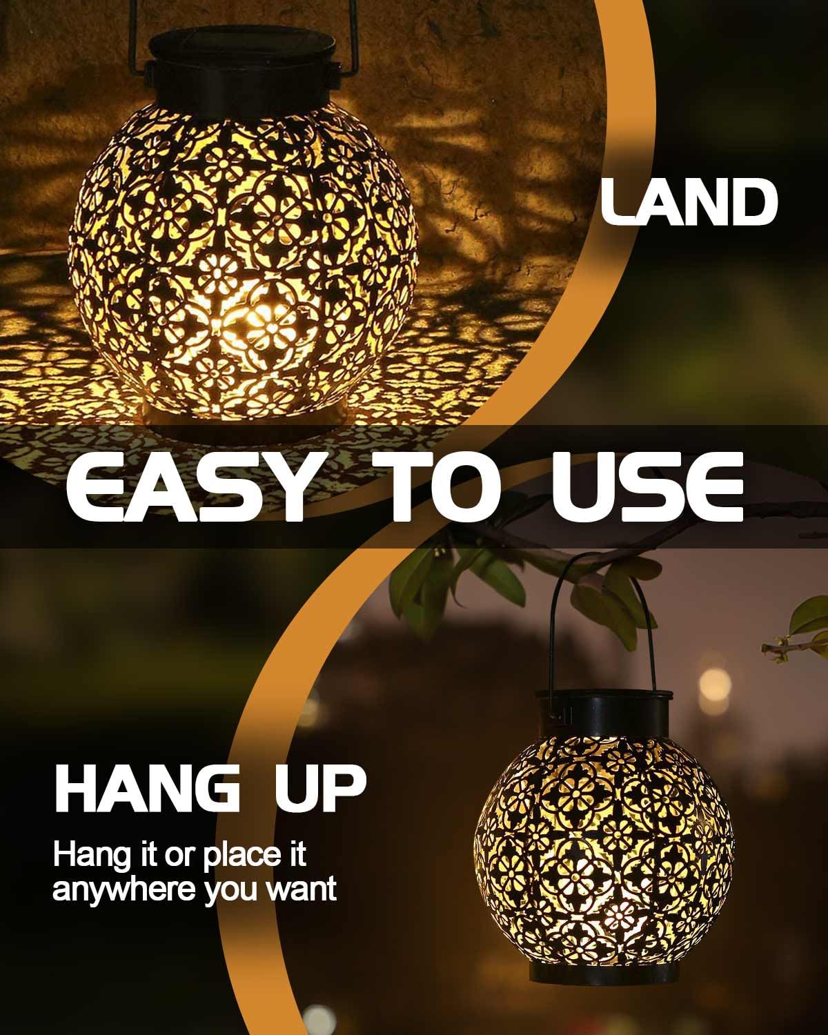Solar Lantern Outdoor, IP44 Waterproof Lantern, Garden Solar Lamp for Sustainable Lighting Metal Hanging Patio Lawn Warm White, 2PACK - Image 4