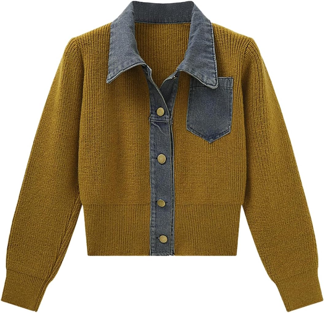 Womens Sweaters Patchwork Denim Sweater Cardigan Long Sleeve Chunky Knit Cardigans Fall Cardigan