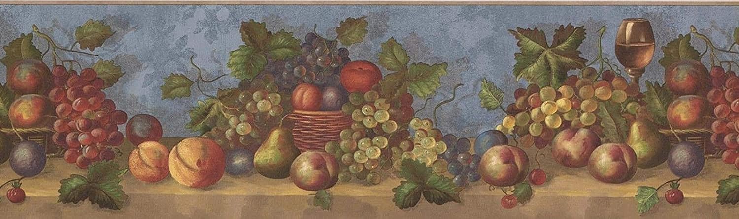CONCORD WALLCOVERINGS ™ Wallpaper Border Fruits Grapes Peaches Plums Pears in Baskets Wine, Colors Red Orange Green Beige Blue, 7 Inch by 15 Ft WP30503