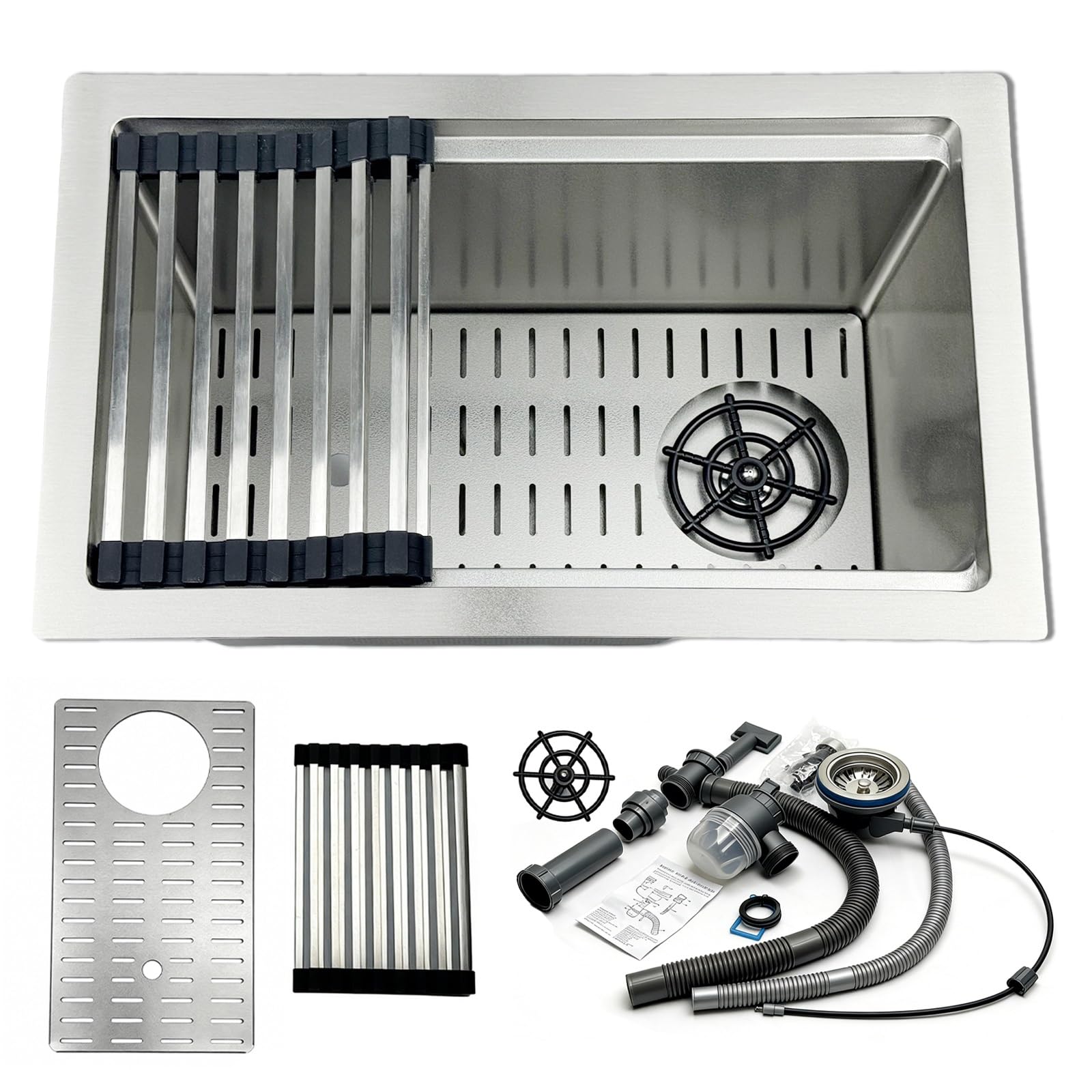 WIQUYBML Stainless Steel Glass Rinser Bar Sink, Single Bowl Countertop Sink with Cup Washer, Drain Knob, Waste Pipe, Home Prep for Pub, RV, Drop-in/Undermount Workstation Sink(48x30.5x22cm)