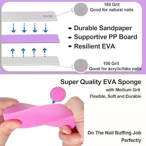 Miniatura 3 de Limas y pulidores de uñas (paquete de 24), juego de lima de uñas y bloque de tampón de uñas para uñas acrílicas y naturales, herramienta profesional