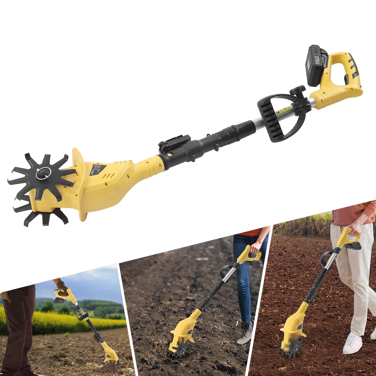 Hteedy Cordless Tiller Cultivator, Electric Rototiller Garden Cordless Tiller Soil Cultivator Tilling Rechargeable Rotary Tilling Tool Rototiller Garden Farm Tool for Lawn, Gardening, Soil Cultivation