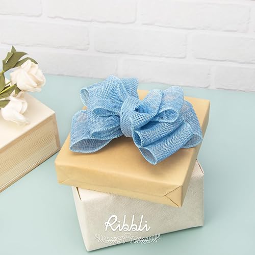 Miniatura 3 de Ribbli Cinta con alambre de arpillera azul bebé, 2-12 pulgadas x 10 yardas continuas, cinta de borde con alambre para lazo grande, corona,