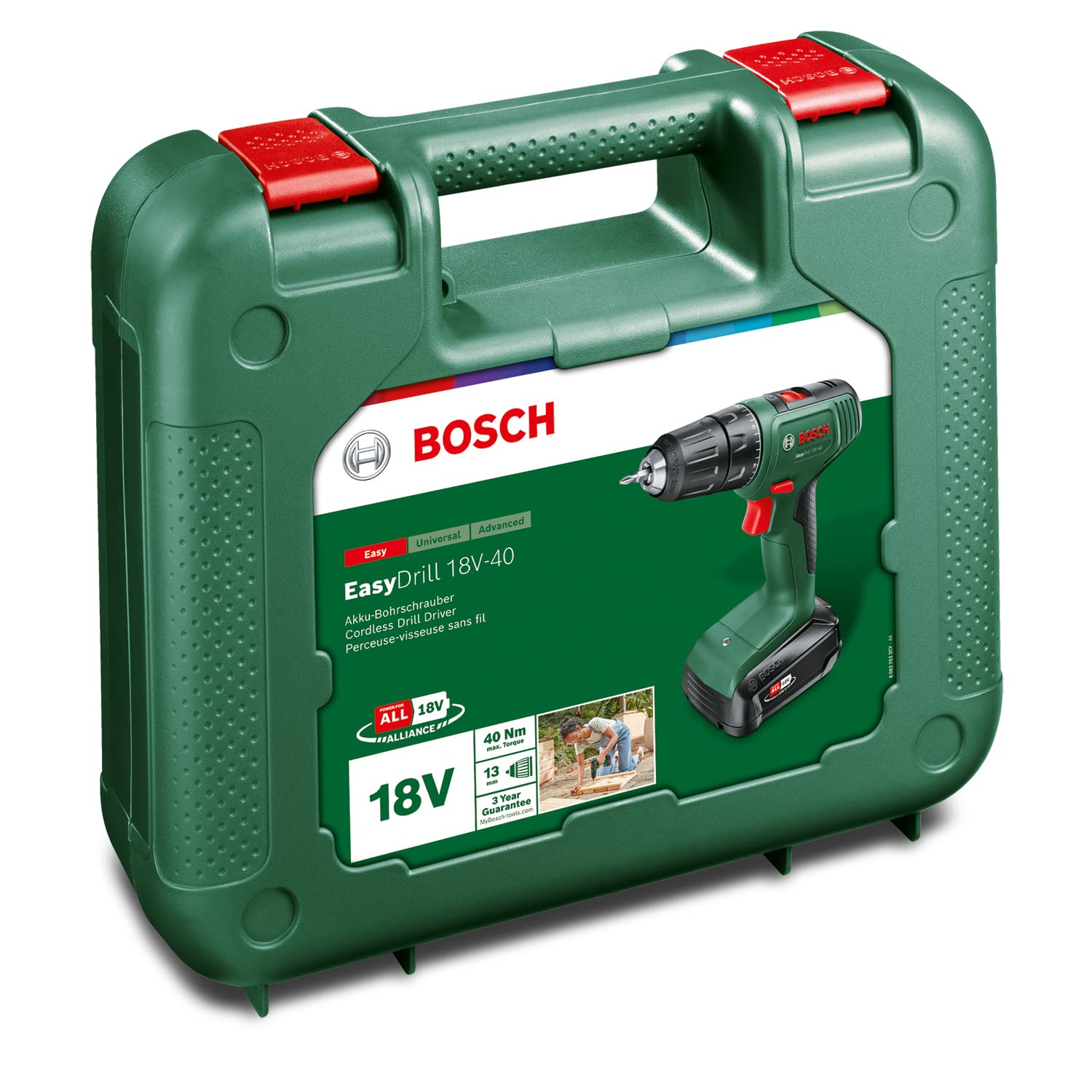 Bosch Akkuschrauber EasyDrill 18V-40 (Schrauben oder Bohren in Holz, Metall und Kunststoff; 18 Volt System; 1x Akku 2,0 Ah; im Koffer)
