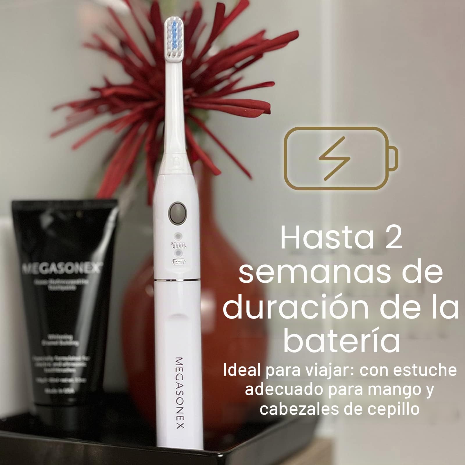 MEGASONEX Cepillo de dientes ultrasónico M8 – con 2 niveles de vibración – además incluye 4 cabezales de cepillo Soft
