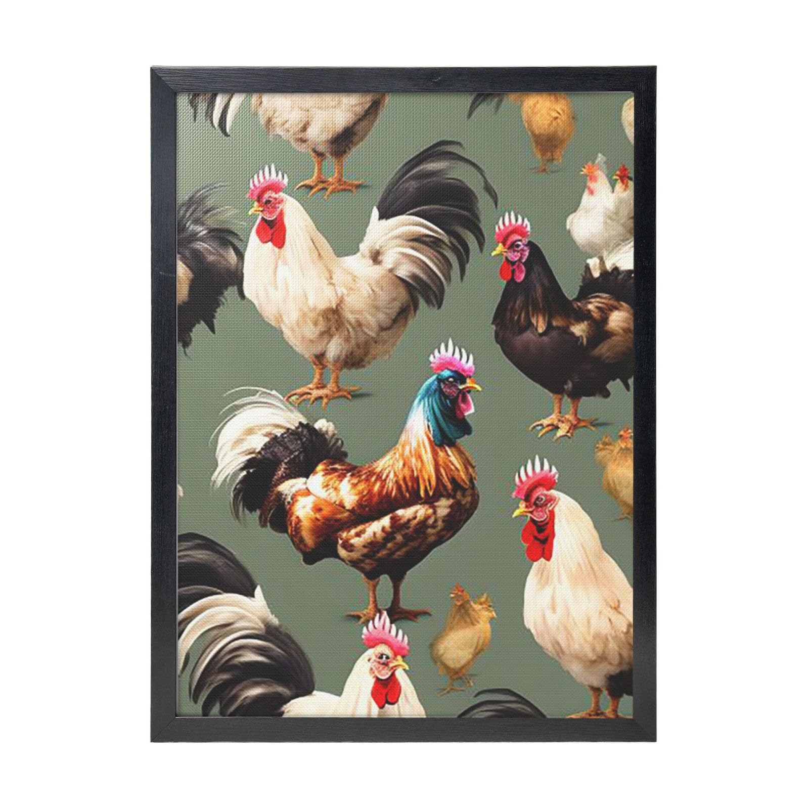 Framed Wall Art - Decorative Canvas Painting Chicken And Rooster Print Pictures Poster Aesthetic Modern Prints Artwork for Bedroom Office Wall Decor Ready To Hang 12x16 in