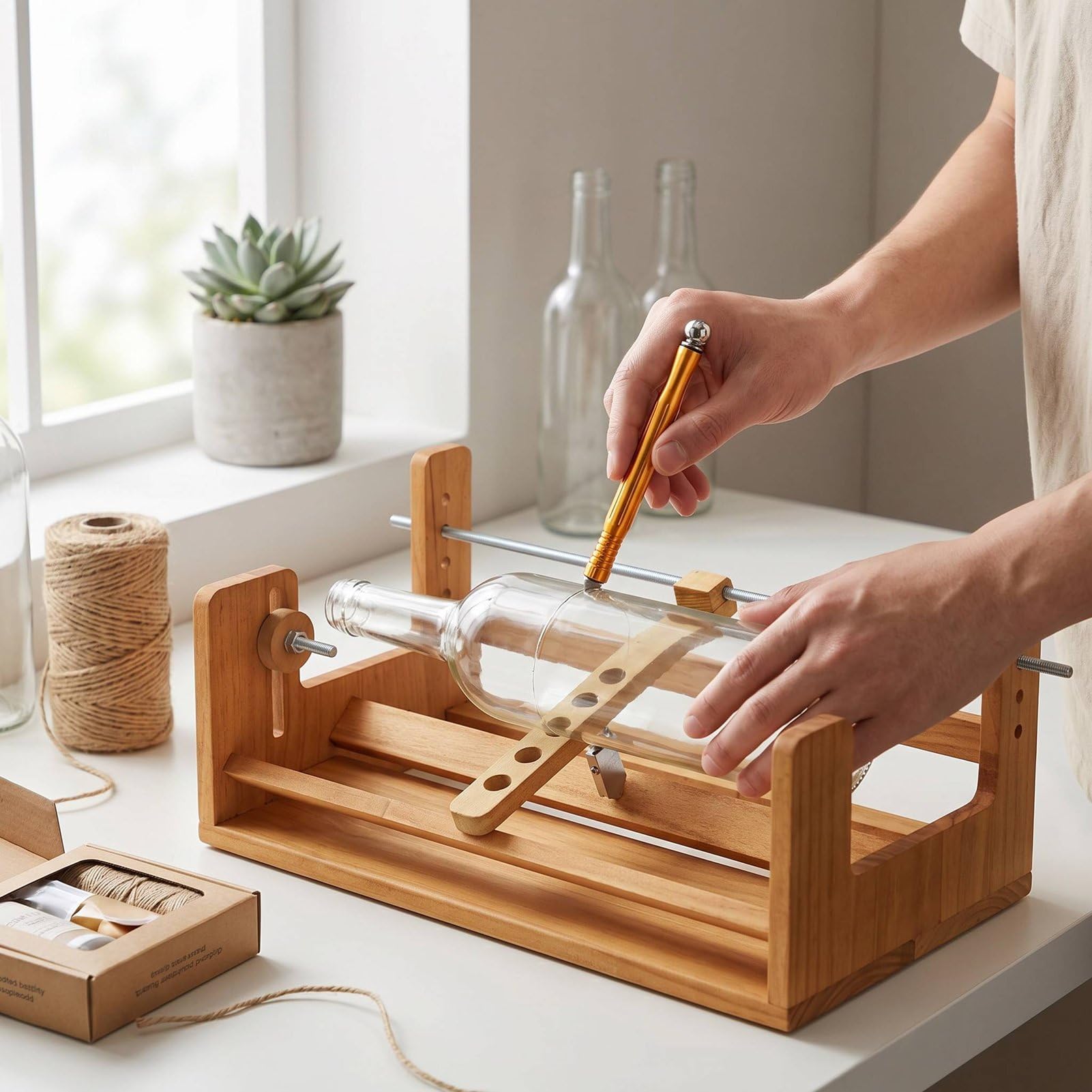 Glasflaschenschneider, Massives Kiefernholz, Rutschfest, Stabil, mit Komplettem Hardware-Zubehör und Schneidfunktion für DIY-Glasflaschen-Upcycling, Bastelherstellung.