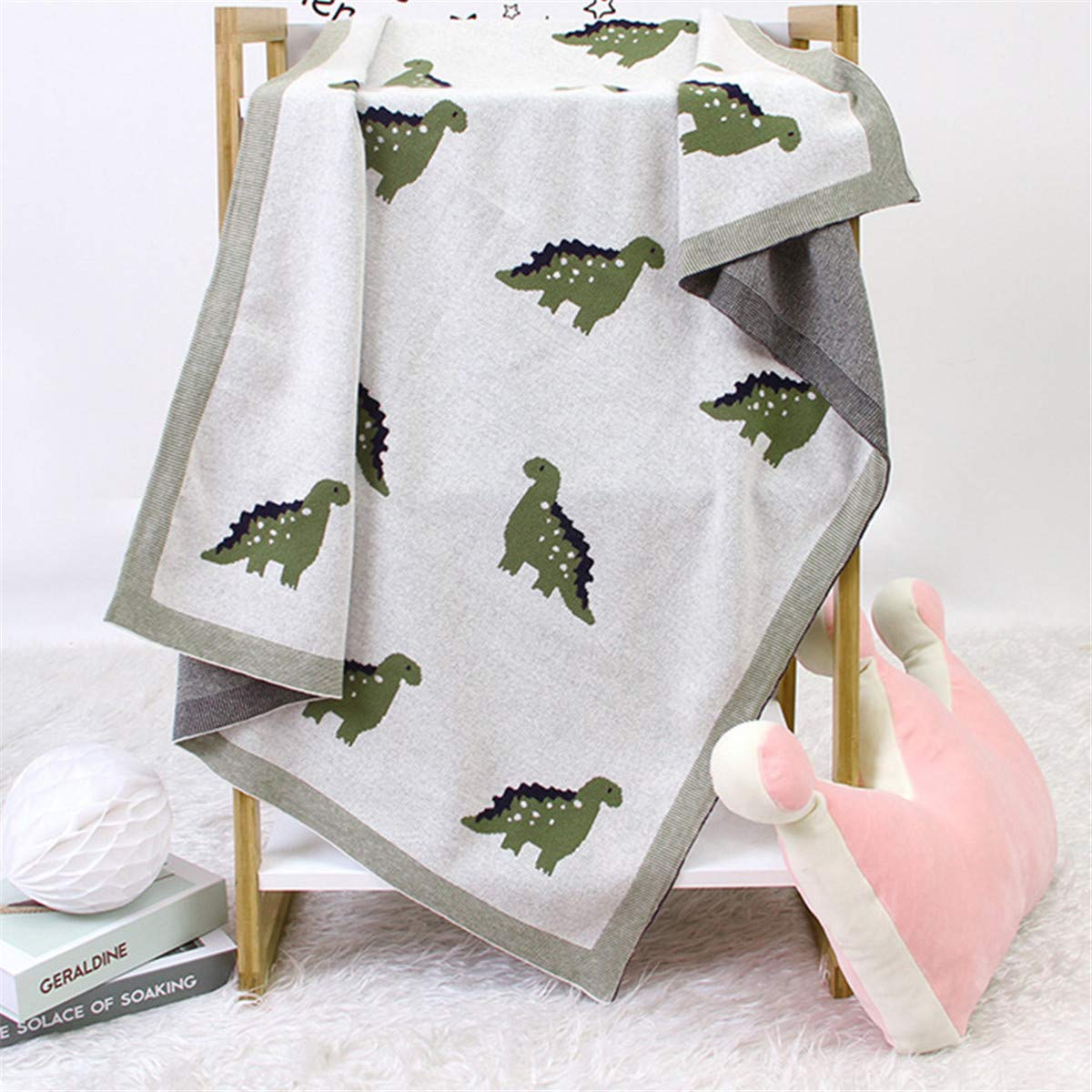Surwin Baby Knitted Soft Blanket for Newborn, Warm Swaddle Wrap Stroller Cover Nursing Blanket Sleep Sack Stroller, Birthday Gift for Kids Boys and Girls (80x100cm,Beige Dinosaur)