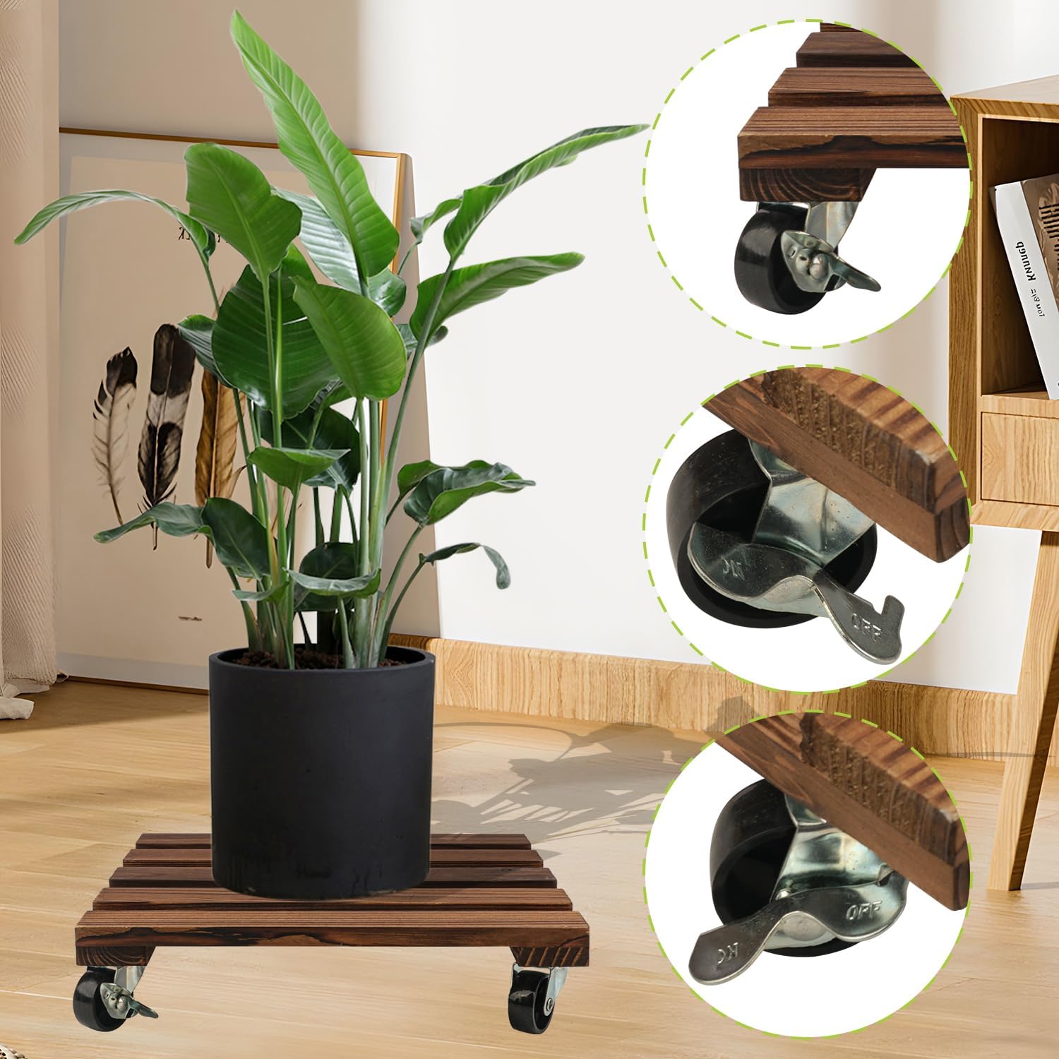 12 Inch Wooden Plant Caddy with Wheels, 4 Pack Rolling Plant Stand, Heavy Duty Indoor Outdoor Use, 360° Lockable Casters, Brown, Supports 132 lbs
