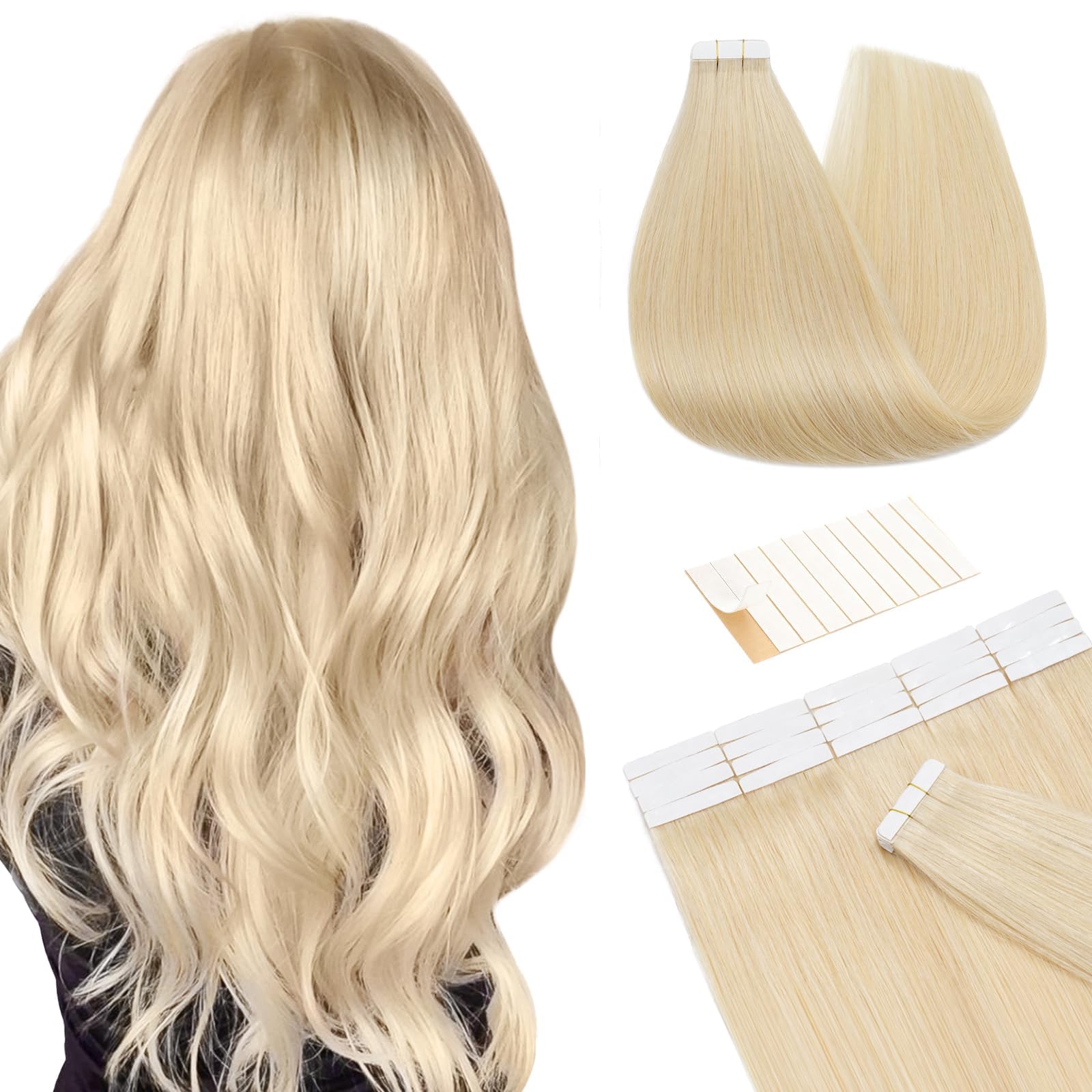 TESS Tape in Hair Extensions Human Hair 10 PCS #613 Bleached Blonde - 14 Inch Seamless Invisible Real Hair Extension Straight 20g