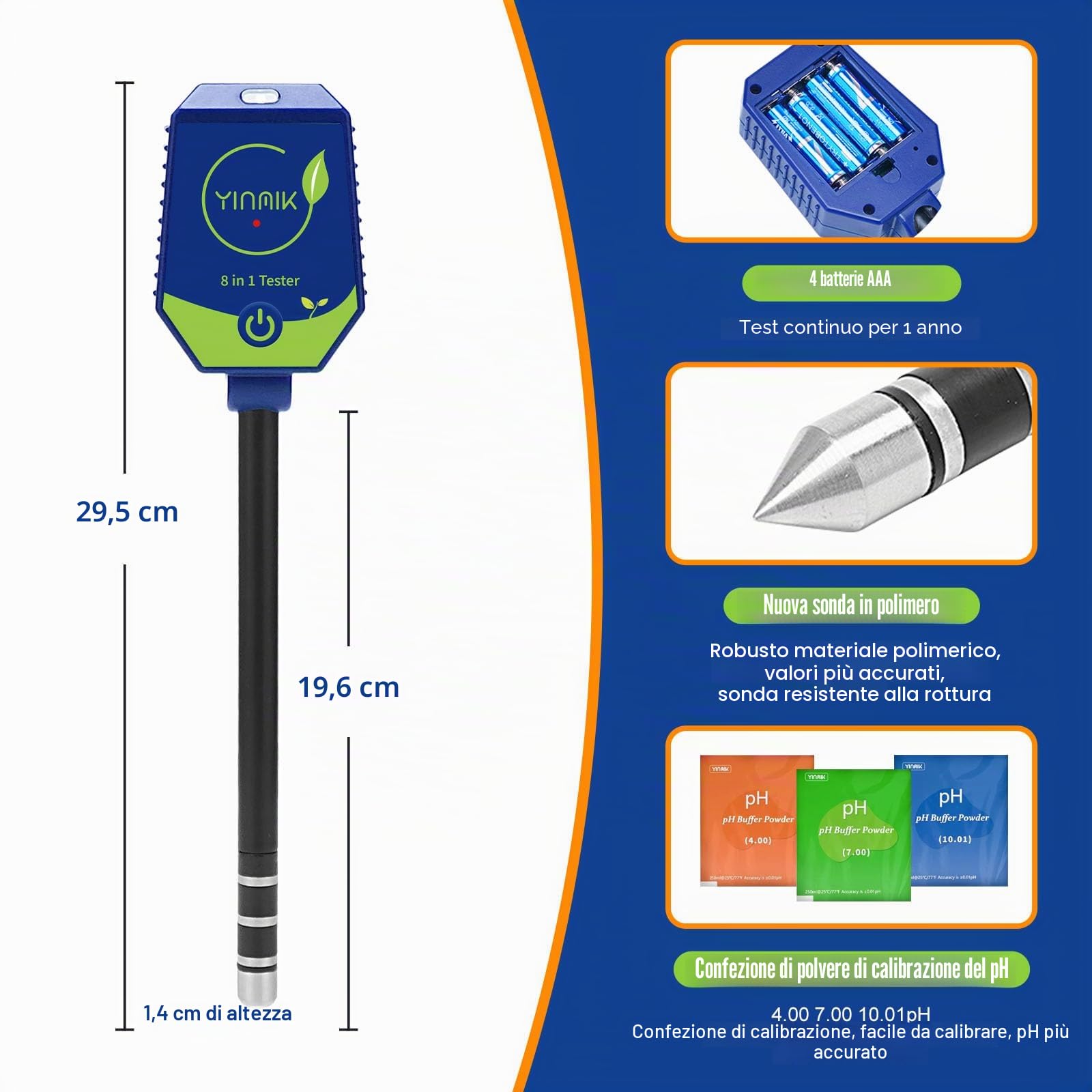 Kit di analisi terreno intelligente, 8 in 1 umidità EC fertilità sale intensità luce solare umidità aria temp pHmetro, pH igrometro per serra giardino fattoria, pH misuratore conduttività per terreno