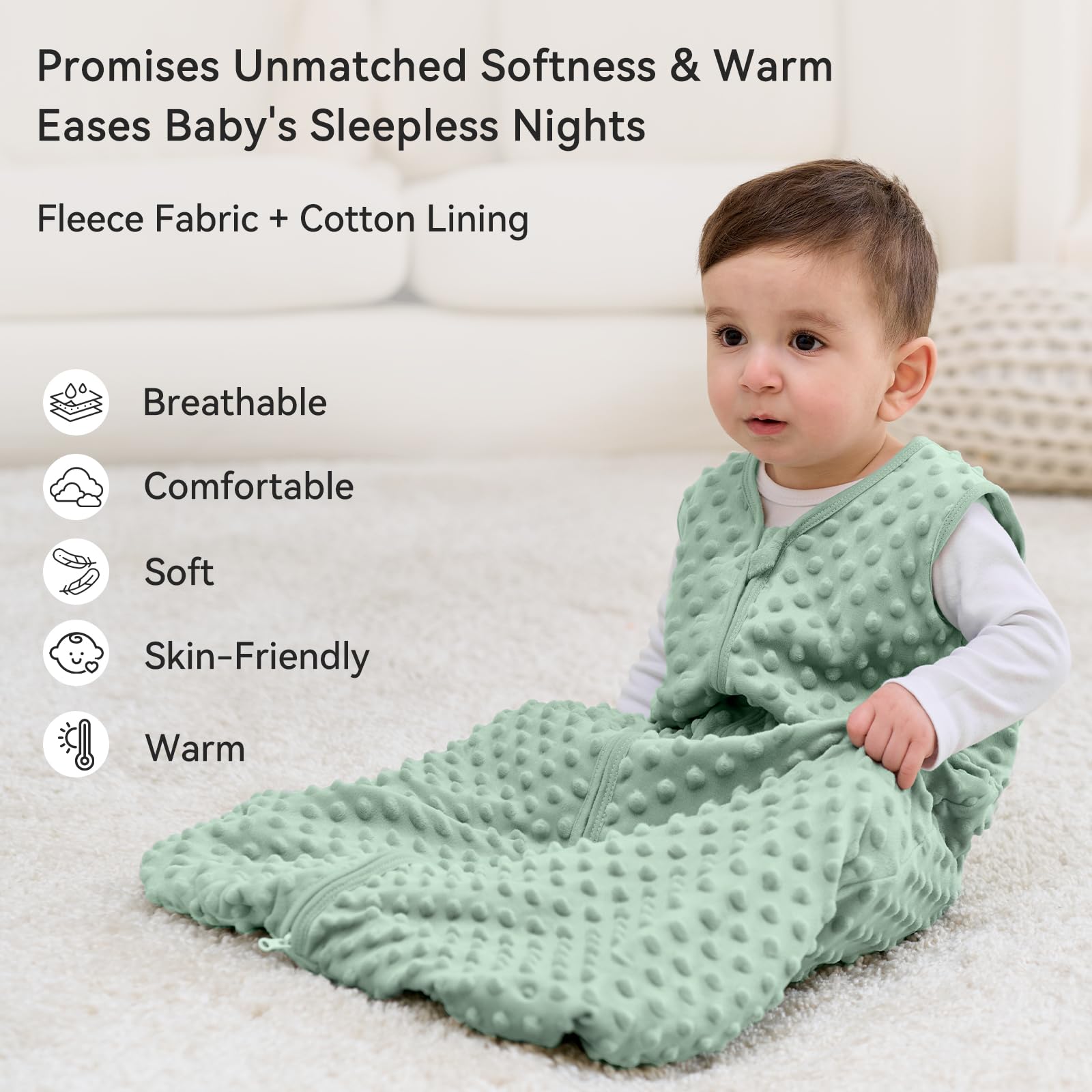 Unnivoll Baby Sleeping Bag 1.5 Tog with Plush Dots Sleep Bag 2 Pack Baby Sleep Sack Wearable Blanket for Newborn Infant 0-6 Months Forest Green - Image 2