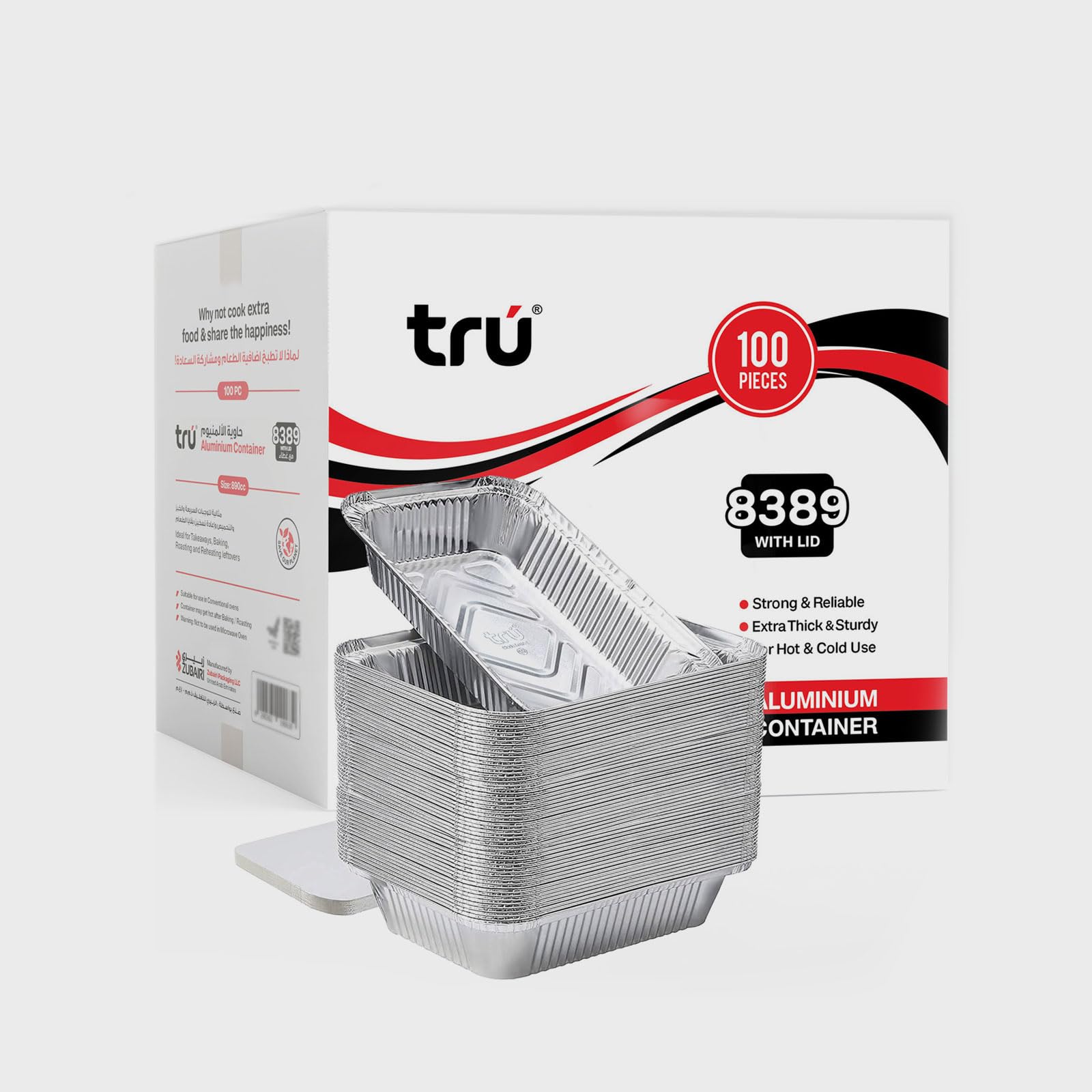 tru® 8389 100pc Aluminium Container 890cc Food Storage Containers with Lids