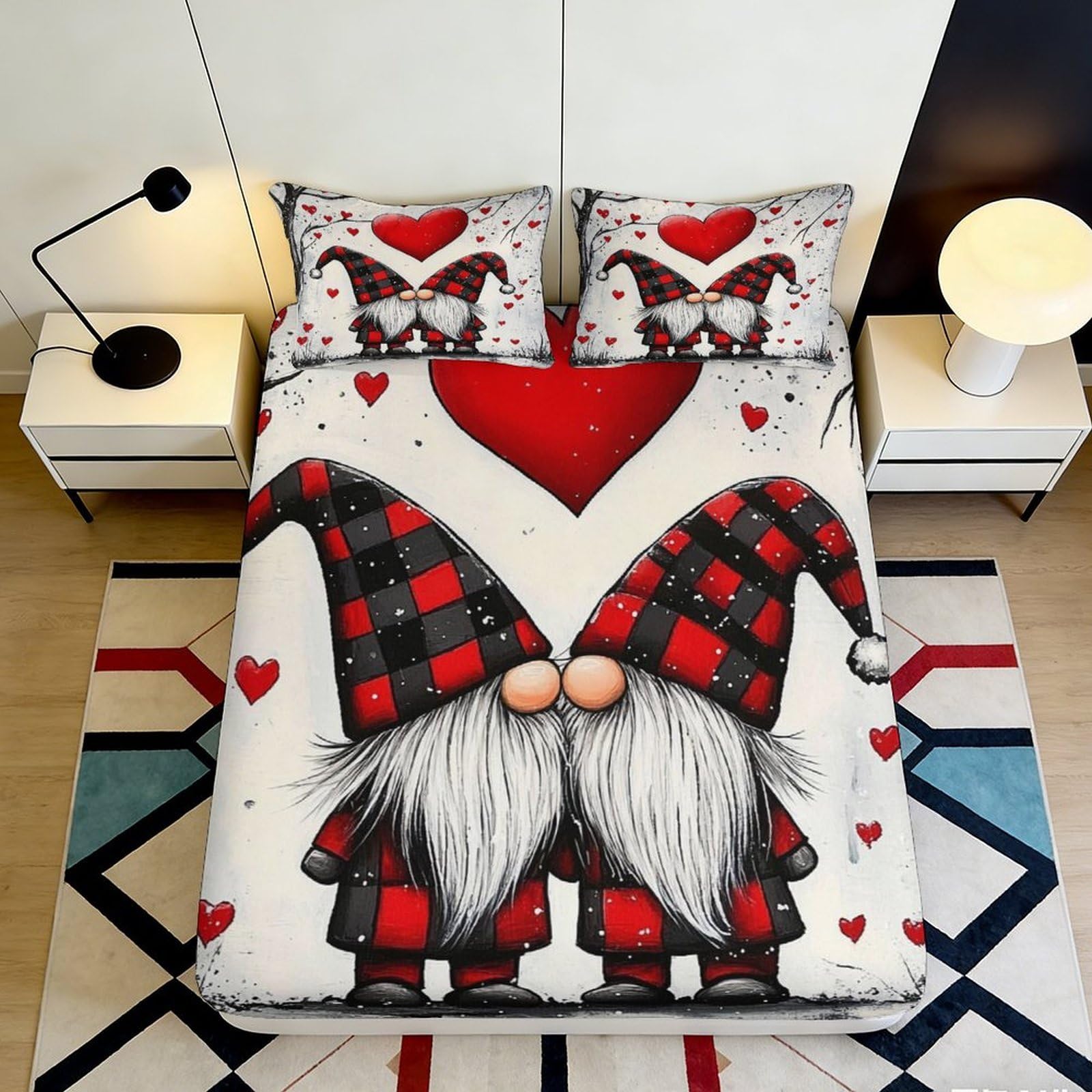 3D Printed Valentine Gnome Fitted Sheet Microfiber Soft Breathable Heart Pattern Bed Sheet for Bedroom Dormitory Guest Room Mattress Protection Decor 200x200x25cm