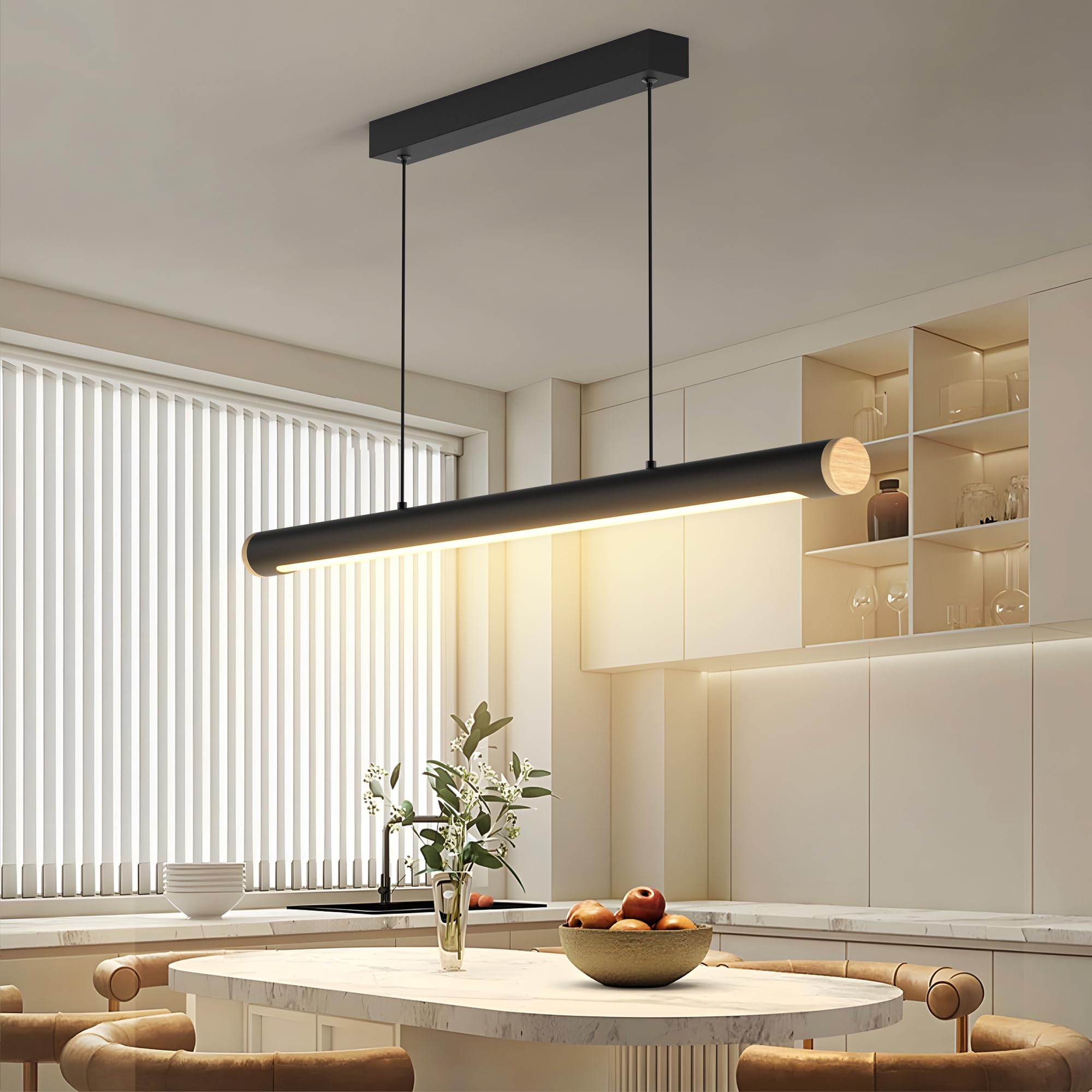 FANLG LED Lampara de techo colgante,120CM Lampara Colgante Cocina Negro Regulable con Control Remoto,46W Lampara Comedor lineal Iluminación Colgante regulable altura para Comedor Cocina Oficina
