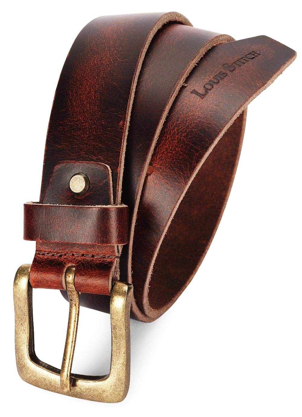 LOUIS STITCHMen's Cocoa Brown Italian Raw Crunch Leather Belt Premium Casual Belts for Men With Heavy Brass Buckle 1.5 Inch (38mm) (CACLTN)