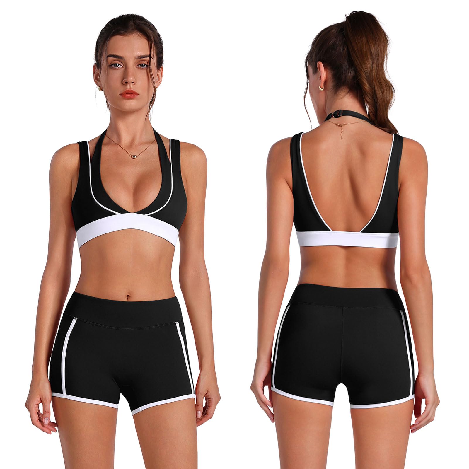 ABOCIW Womens 2 piece Workout Sets Deep V Neck Layered Sports Bra High Waist Mini Shorts with Pockets