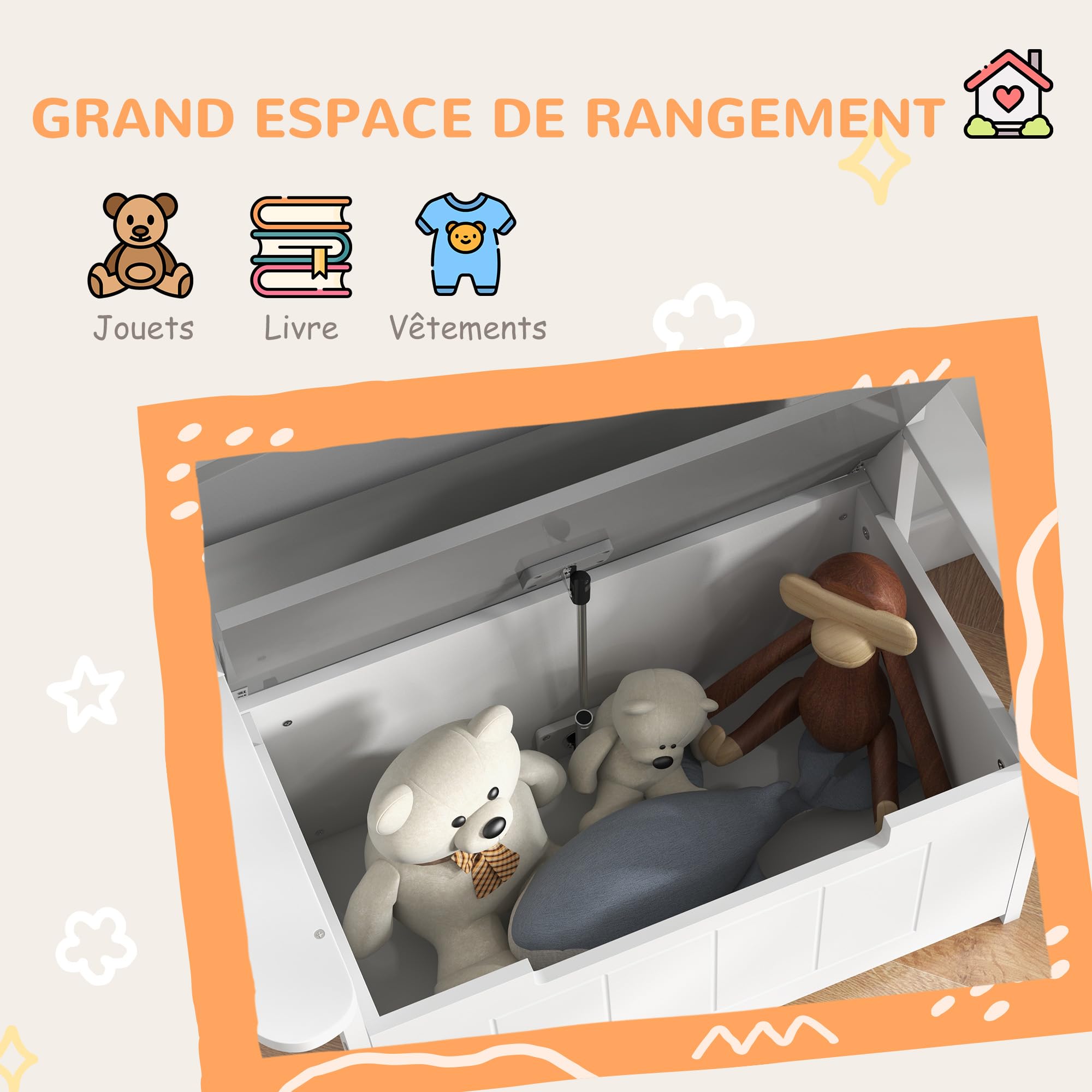 AIYAPLAY Coffre à Jouets pour Enfants 2 en 1 68,5L x 34l x 58H cm Gris | Banc, Meuble de Rangement et Assise, Dossier et Accoudoirs, Vérin Pneumatique