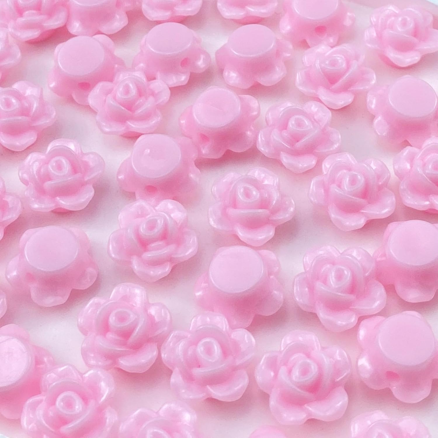 200pcs Acrylic Rose Flower Beads Candy Color Flat Back Spacer Beads Loose Pastel Colorful Decor for DIY Crafts Jewelry Making Bracelet Necklace Earrings(Light Pink)