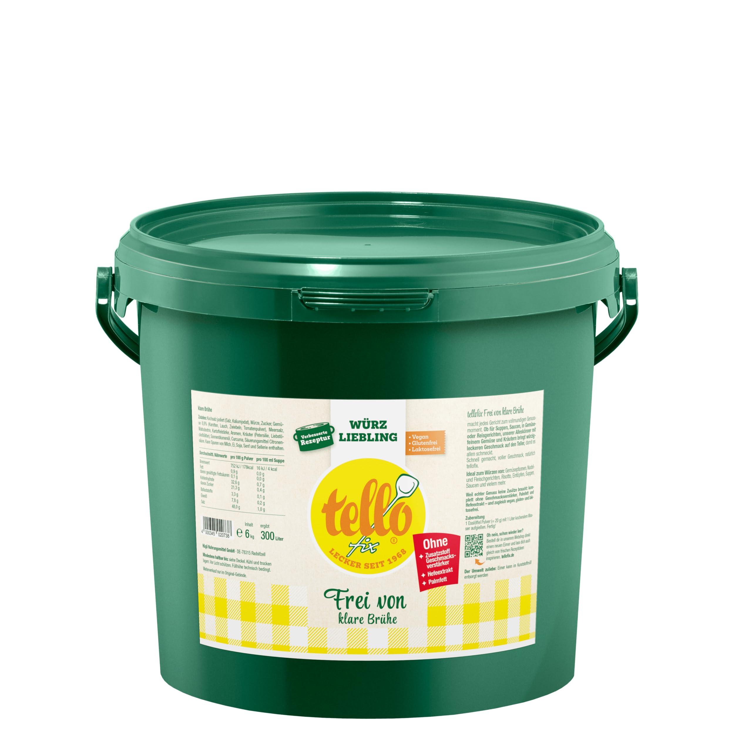 Tellofix Frei von Klare Brühe 6kg Eimer – ohne Glutamat, hefefrei, glutenfrei & laktosefrei – vegane Instant Brühe – ergiebige Suppenbasis für Gastronomie, Großküche & Caterin
