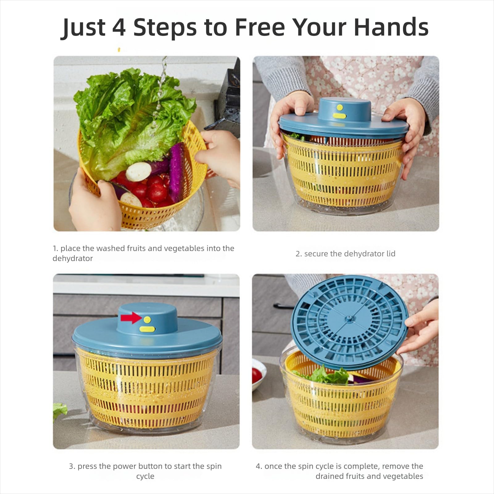 Wakects Ensalada Eléctrica Spinner, ABS PP 4L Lavadora Secadora Recargable de Frutas y Verduras con Carga USB, Tazón Desmontable de Doble Capa para Familias de Preparación de Ensaladas de Cocina