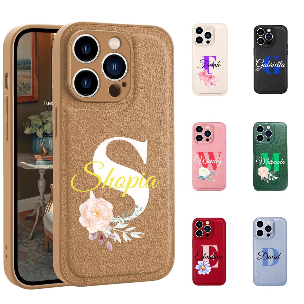 Custom Name Leather Case for Apple iPhone 17 Air 16 15 14 Pro Max 13 12 Mini 11 XR XS X 8 7 Plus SE 2 3 Phone - Personalize Initial Name Monogrammed Floral Customized Phone Cover