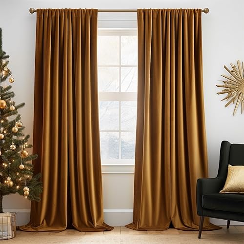 Lazzzy Velvet Blackout Curtains Thermal Insulated Curtains Room Darkening Super Soft Luxury Curtains for Bedroom Rod Pocket Window Drapes for Living Room 2 Panels 52 by 96 Inch Gold Brown