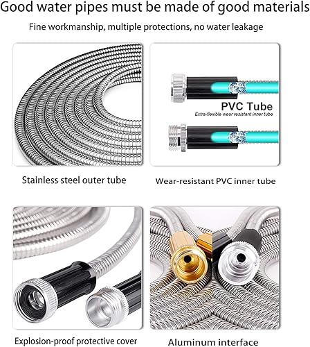 Miniatura 4 de Manguera de jardín de metal de 75 pies, manguera de agua resistente de acero inoxidable con 2 boquillas, sin enredos ni torceduras, ligera y