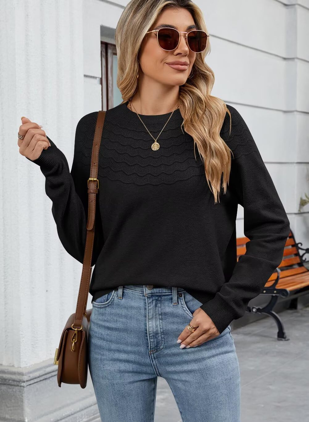 FEKOAFE Women's Crew Neck Sweater 2025 Fashion Fall Basic Fine Knit Pullover Lightweight Sweaters - Image 3