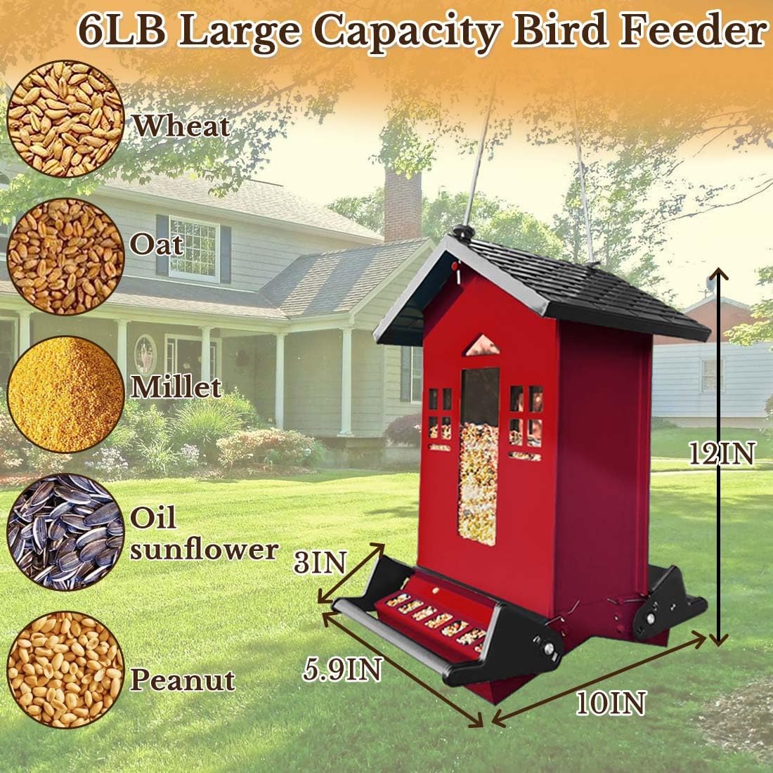 Bird Feeder Squirrel Proof for Outdoors:Red Metal Hanging Birdfeeder,6LBS Large Capacity Bird Seed Feeder for Cardinal,Blue Jay,Wild Birds,Garden (Dark Red)