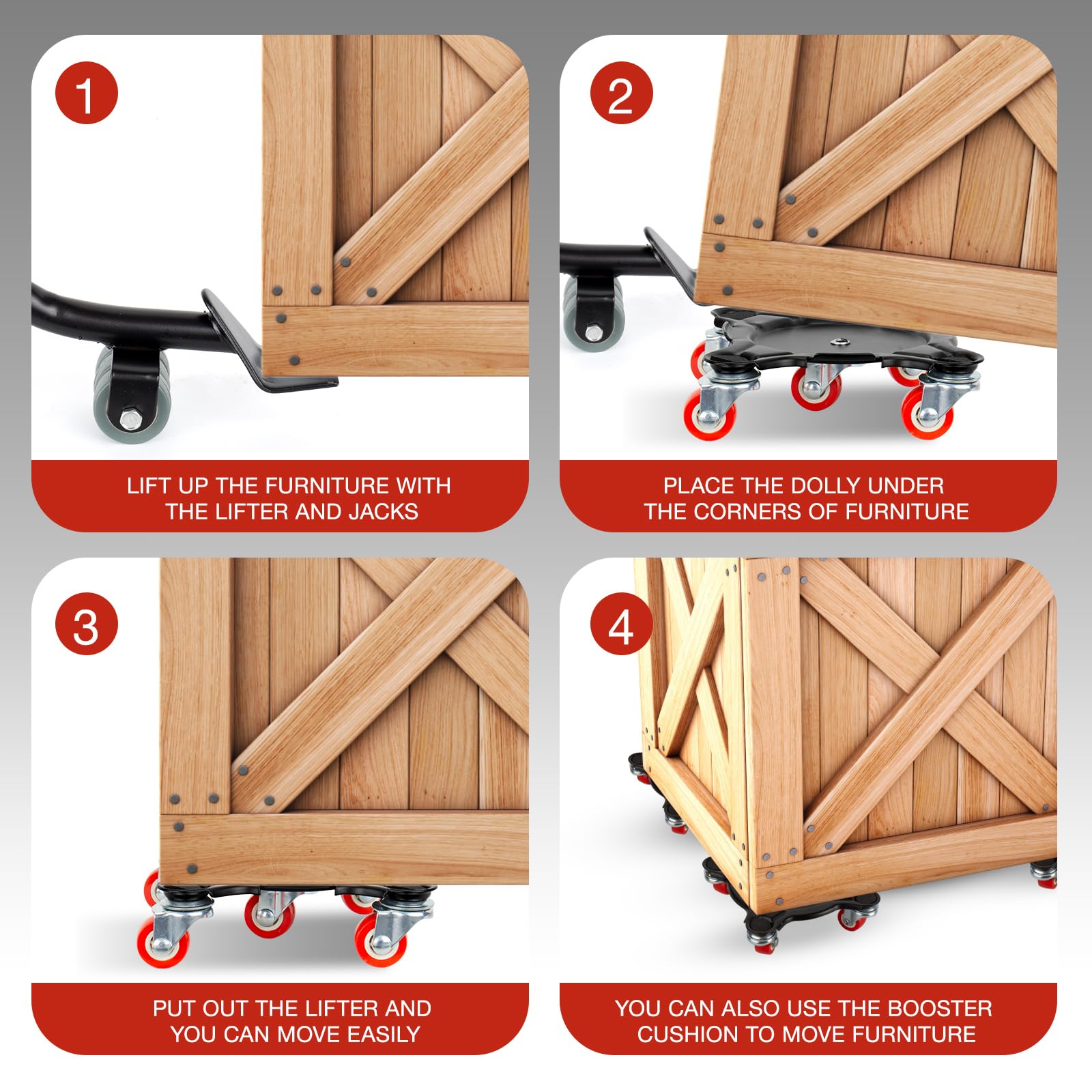Juego de 4 ruedas para muebles + 1 palanca, giratorio de 360 grados, 1500 kg, el innovador elevador de muebles para muebles pesados