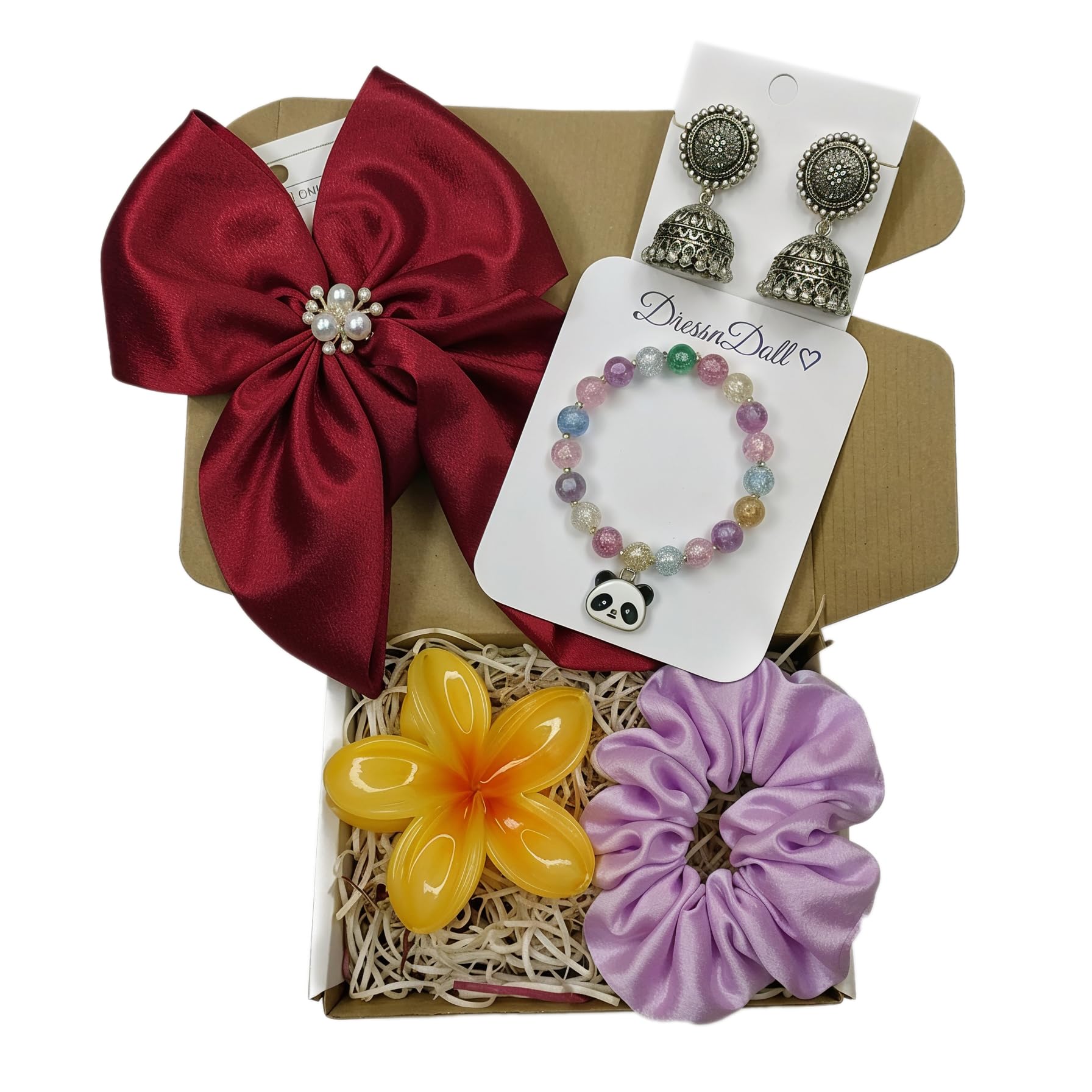 Girls Hair Accessories & Jewellery Combo Set – Satin Bow Hair Clip, Scrunchie, Flower Hair Clip, Bracelet & Earrings Gift Set-image-48