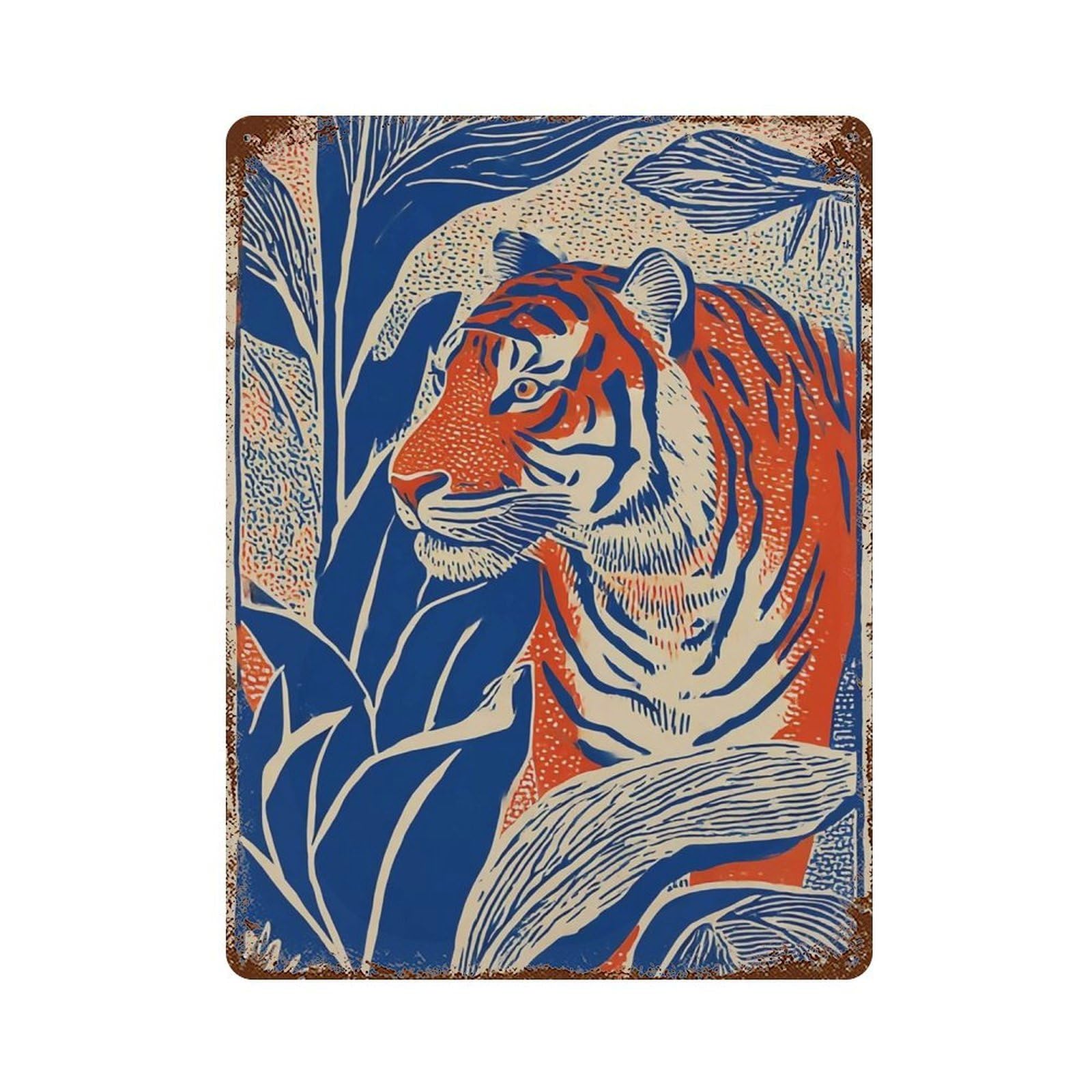 xiaoxiaoshen Blue Orange Tiger Bold Jungle Graphic Safari Tropical Animal Vibrant Wildlife Wall Decor Art Metal Tin Poster Modern Home Decor Art Home Bar Shop Decorations Vintage Sign 40x30cm