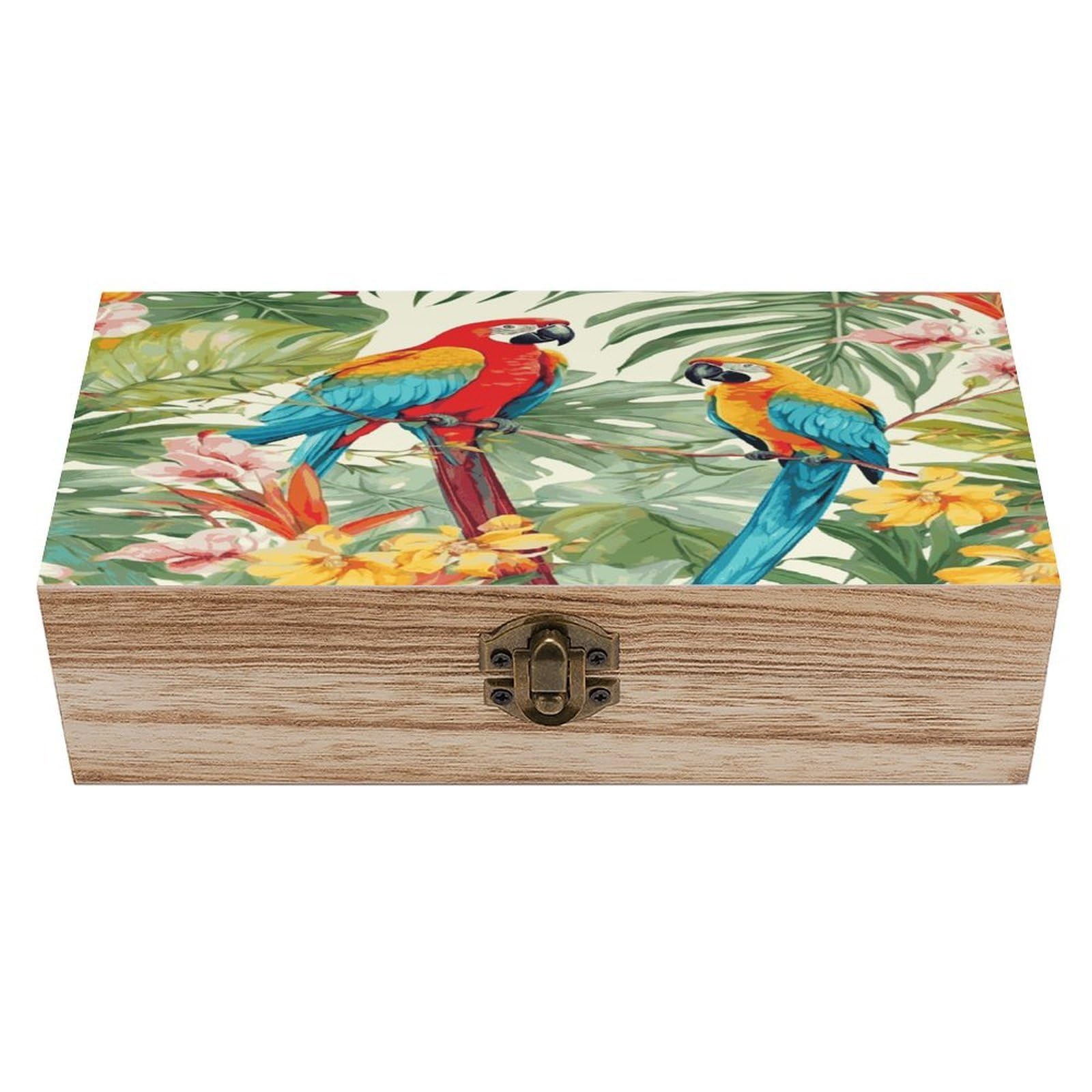 VstaDank Tropical Plants And Parrots Wooden Storage Box Wooden Keepsake Box with A Hinged Lid Fashion Memory Treasure Boxes Decorative Jewelry Case for Crafts Photo Home Decor Wood Gift Box