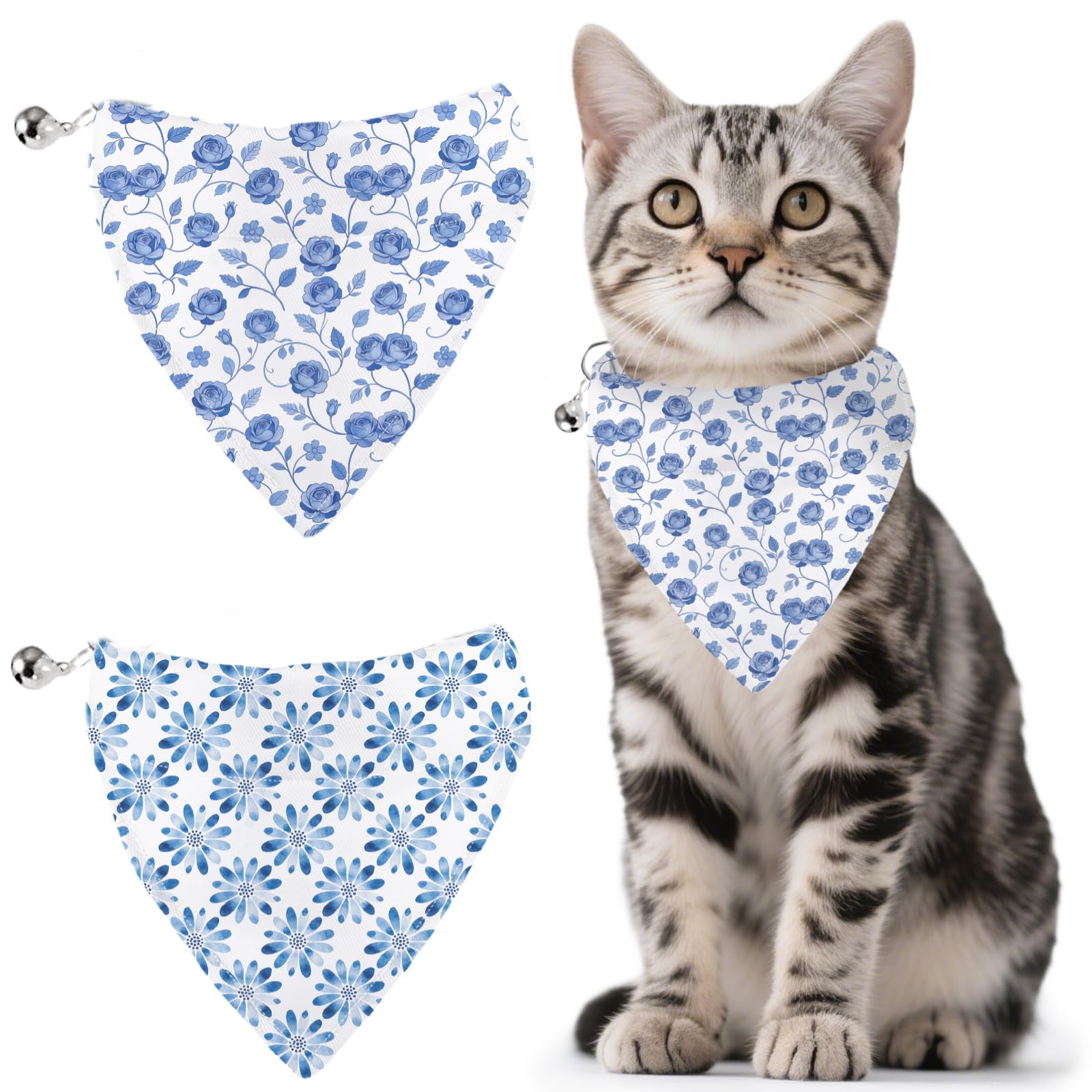 GLOBLELAND 2 Pack Blue and White Floral Print Dog Bandana Collar Pet Triangle Bibs with Bell Flower Adjustable Dog Collar Cat Collars Scarf for Pets Kittens Puppy Cats Dogs