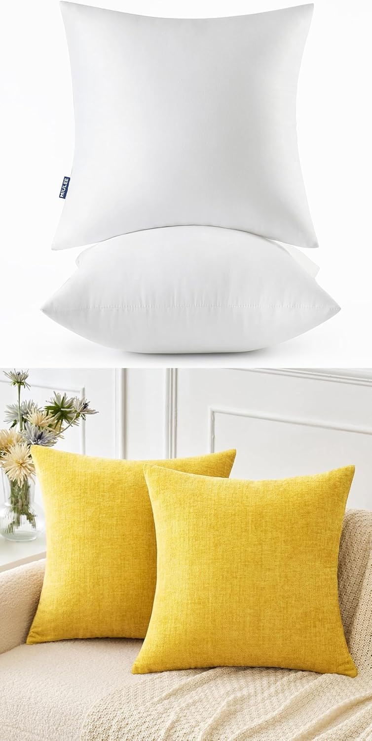 MIULEE 18x18 Inch Pack of 2 Throw Pillow Inserts 100% Virgin Fiber Filling Bundle Yellow Chenille Throw Pillow Covers Decorative for Livingroom Bedroom Sofa