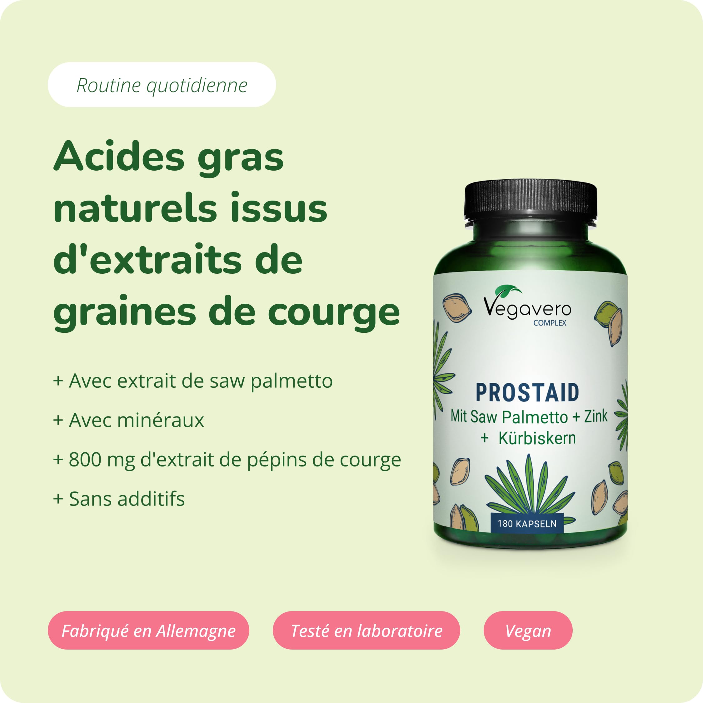 Complexe Prostate & Confort Urinaire Homme | 180 Gelules | 100% Naturel | Saw Palmetto + Zinc + Ortie + Citrouille | Avec 45% Acides Gras | VEGAN | 3 Mois