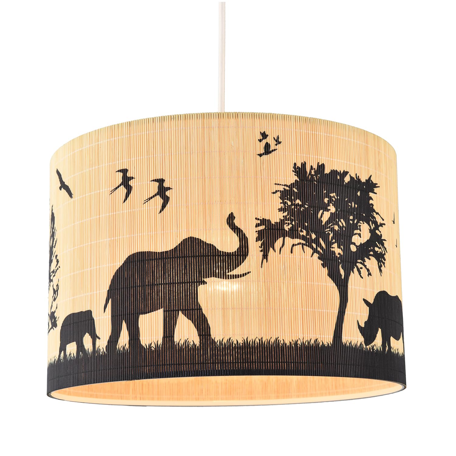Modern Safari Bamboo Pendant Light Shade with Black Animals and Trees | 30cm x 20cm | Elephants Rhinos Giraffes by Happy Homewares