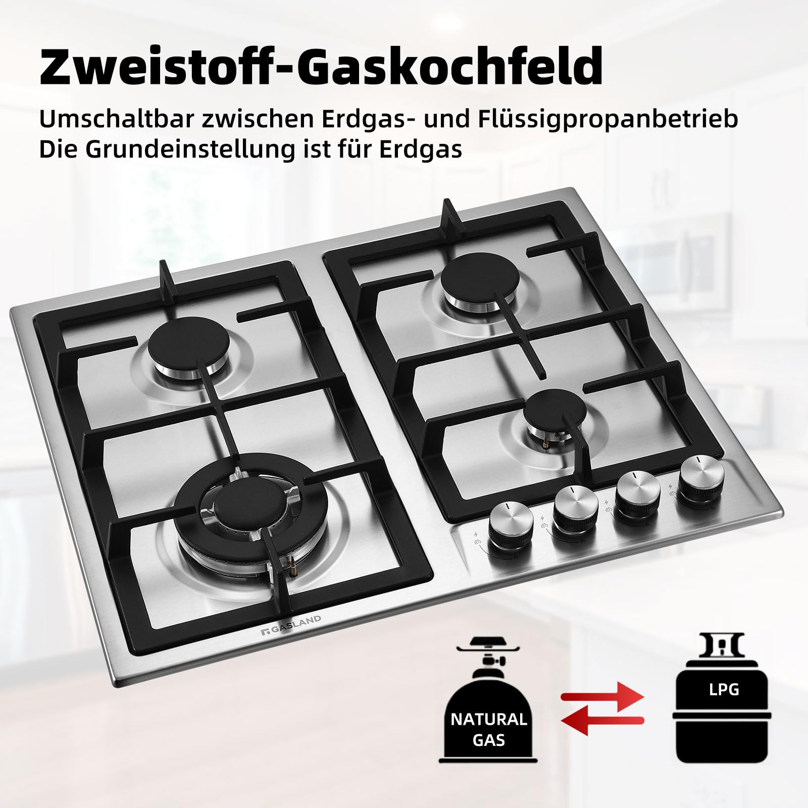 GASLAND GH60SF Plaque de cuisson à gaz encastrable en acier inoxydable, 4 feux, 60 cm cuisinière à gaz butane avec brûleur Wok, puissance 8000W, compatible LPG/Gaz naturel