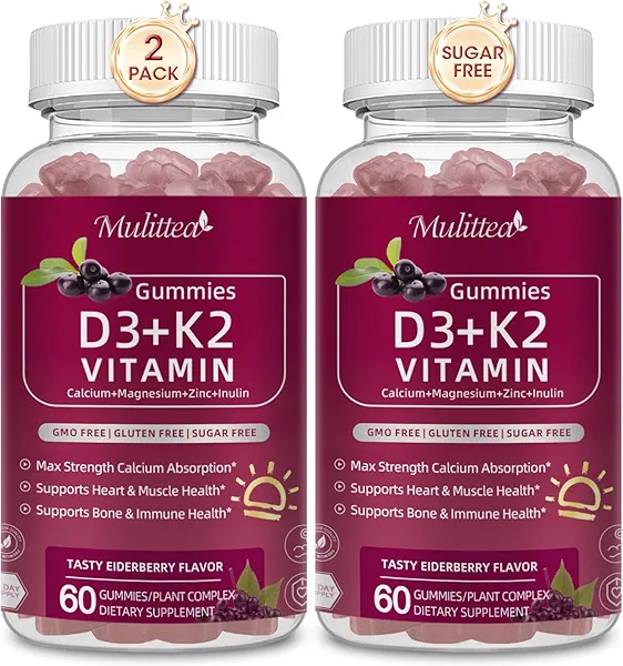 Vitamin D3 10000 IU + K2 (MK-7) 200mcg w/Calcium Magnesium Zinc Elderberry & Inulin-Highly Bioavailable-Enhanced Absorption for Immune & Bone Support- K2 D3 Vitamin Supplement-Vegan Gummies