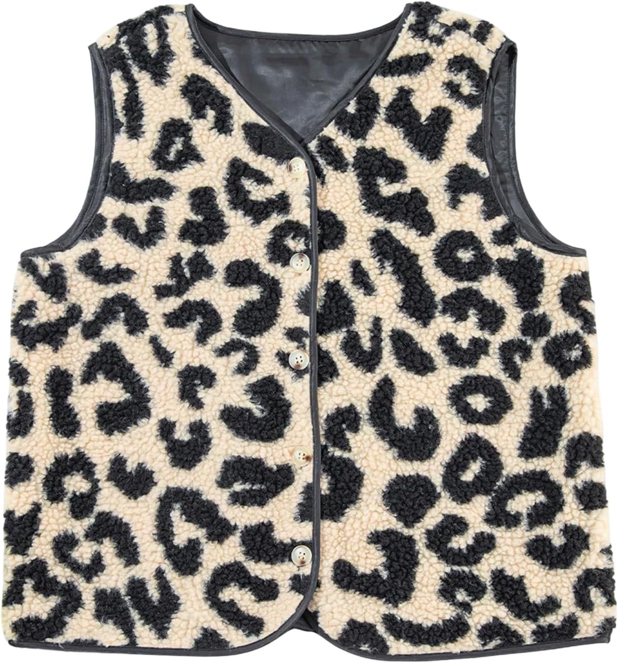 GORGLITTER Women's Leopard Print Sherpa Vest Button Down Sleeveless V Neck Fall Fleece Jacket