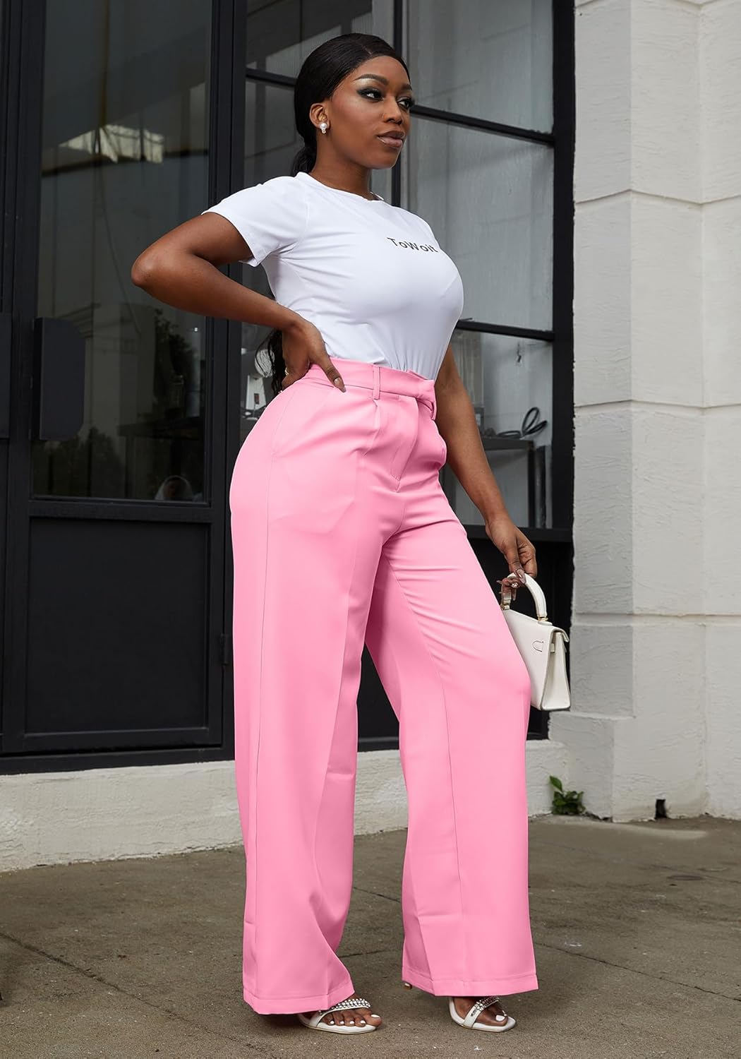 LKOUS Women's High Waisted Straight Wide Leg Dress Pants Stretchy Work Trousers with Pockets Business Casual - Image 7