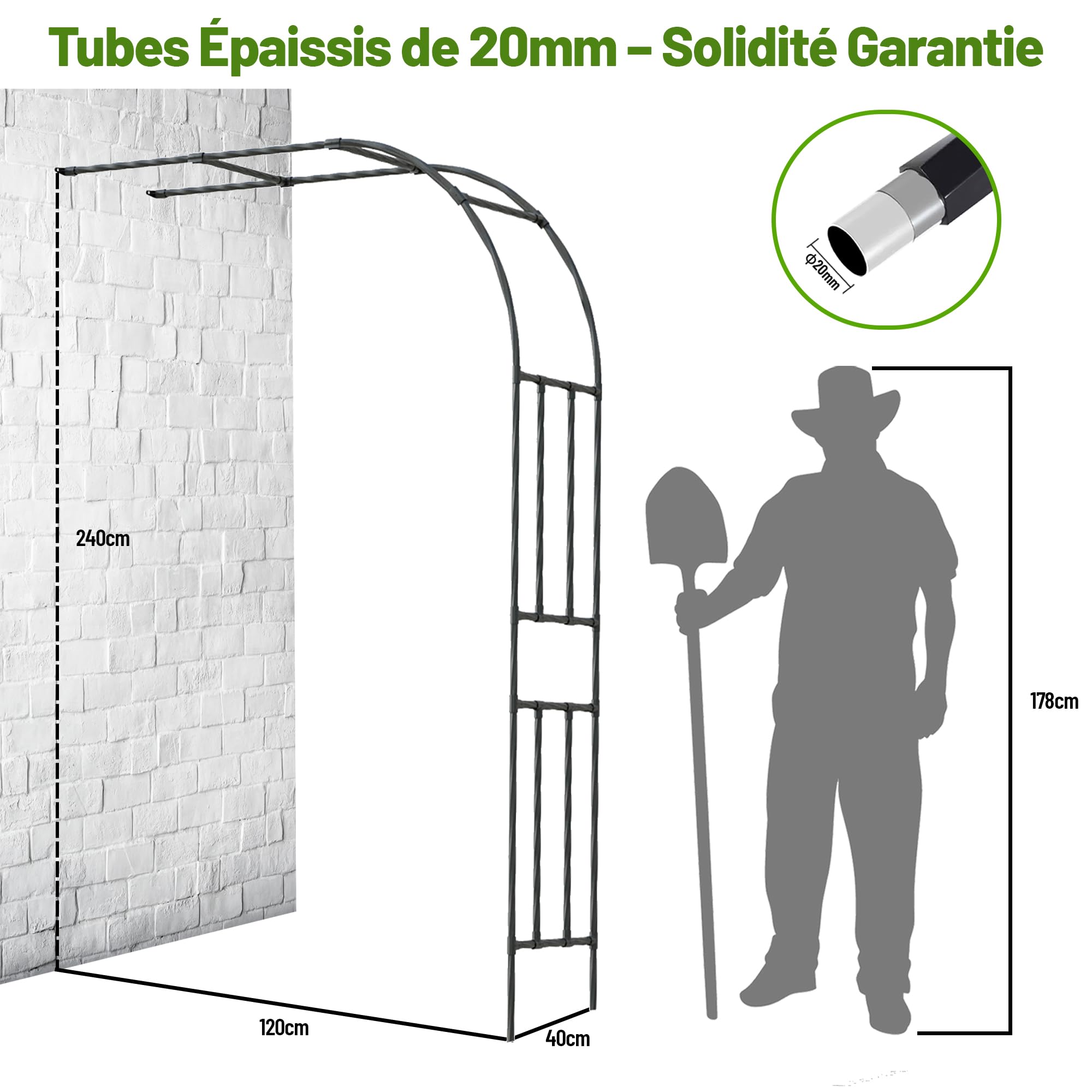 Caroeas Demi Arche de Jardin pour Plantes Grimpantes,120x240x40cm，Arceau Métallique pour Rosiers, Tonnelle Décorative Extérieure, Résistante à la Rouille et à la Décoloration